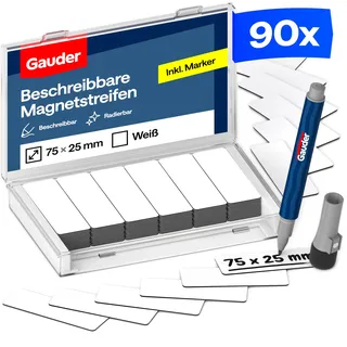GAUDER Magnetetiketten beschreibbar - Magnetstreifen beschreibbar - Beschreibbare Magnete zum Beschriften - Magnetschilder zum Beschriften - Kanban-Board - Inkl. Marker (90 Stück - 75 x 25 mm)