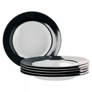 van Well Vario Speiseteller-Set 6-teilig - Tafel-Service für 6 Personen - flache Ess-Teller mit Ø 26,5cm - Porzellan-Service weiß mit Rand in Schwarz - Teller-Set mikrowellengeeignet