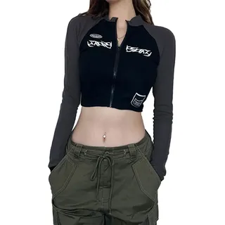 Onsoyours Damen Y2K Crop Top Sexy V-Ausschnitt Bauchfrei Langarm Slim Fit Strickpullover Vintage Langarmshirts Streetwear Oberteil mit Reißverschluss