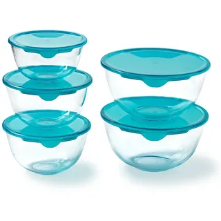 Pyrex® Set mit 5 Salatschüsseln aus robustem Glas mit Deckel (0,5 l – 1 l – 2 l) BPA-frei |geeignet für Spülmaschine, Mikrowelle und Backofen (1 x 0,5 l + 2 x 1 l + 2 x 2 l)