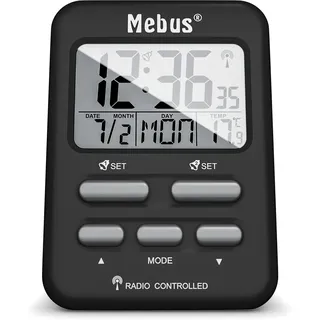 MEBUS Funkwecker mit Temperaturanzeige, kompakte Reisegröße, Funkuhr, Zwei Weckzeiten, Alarm mit Weckwiederholung (Snooze), Datum, Wochentag, Displaybeleuchtung, Farbe: Schwarz, Modell: 25799