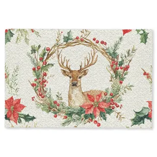 MuchoWow Fußmatte Weihnachtskranz - Hirsch - Stechpalme - Rot, Rechteckig, innen Schmutzmatte, Tür, Teppichmatte, Sauberlaufmatte 90x60 cm rot 90 cm x 60 cm
