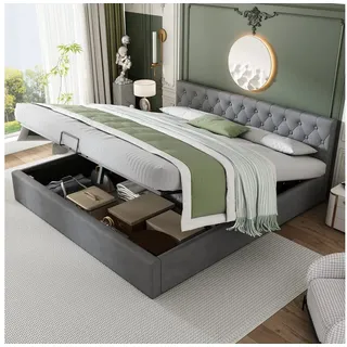 HAUSS SPOLE Polsterbett Polsterbett Hydraulisch Doppelbett Jugendbett Gästebett Bettgestell (140 x 200 cm/180 x 200 cm mit Stauraum) grau