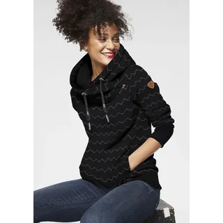 Kapuzensweatshirt RAGWEAR "GRIPY BUTTON CHEVRON O", Damen, Gr. XS, schwarz (schwarz 1010), Sweatware, Obermaterial: 70% Baumwolle, 30% Polyester, bedruckt, gemustert, kontrastfarbene Details, mehrfarbig, figurbetont hüftbedeckend, asymmetrischer Ausschnitt, Rippbündchen, Sweatshirts, Hoodie mit hochschießendem Schalkragen mit Zierknopfbesatz