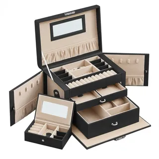 SONGMICS Schmuckkasten 3 Ebenen, 2 Schubladen, tragbare Mini-Box für Reisen, 18,2x26x17,4 cm, mit Griff, abschließbar, PU-Bezug in schwarz, Innenfutter in Sandbeige schwarz 26 cm x 17.4 cm x 18.2 cm