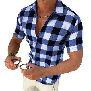 Herren Plaid Kurzarm Button-Down Hemd mit Reißverschluss Revers Casual Streetwear Top für Frühling Sommer Alltag (M Blau)