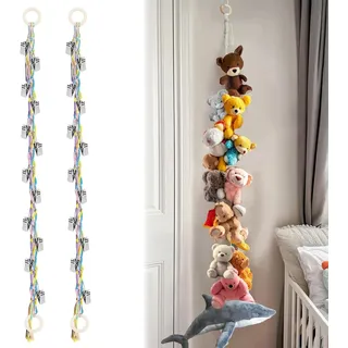 DEANKEJI 2 Stück Kuscheltiernetz, 2 m Baumwollseil Plüschtier Aufbewahrung, Kuscheltier Aufbewahrungskette mit Holzringen, Bunt Stofftier Hängematte mit 40 Clips, für Aufbewahrung Spielzeug, Fotos