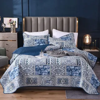 Qucover Patchwork Tagesdecke Patchworkdecke aus Reiner Baumwolle, Bettüberwurf für Doppelbett, Vintage Sommerdecke, Zweiseitge Decke mit Kissen Set, Gesteppt & Wattiert (Blau, 230x250cm)
