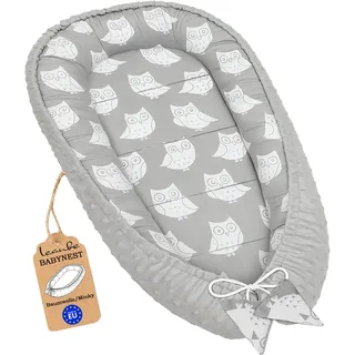 Leanbe Babynest 90x50 cm – Babynestchen für Neugeborene, Nestchen Baby aus Baumwolle & Polyester, Bettnestchen für Winter/Herbst, Baby Nest Set für Indoor & Outdoor (MINKY GRAU - EULEN)