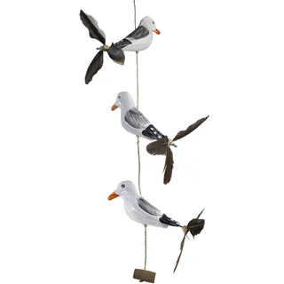 Tokoindah Moewen Windspiel Rudi mit Feder Propeller – Handgeschnitzte 3 Holzvögel als Mobile – Maritime Deko für Garten, Balkon, Terrasse – Windspiel aus Holz, handbemalt, Federn, ca. 90cm lang