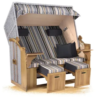 Strandkorb Hanse Ostsee XXL 2,5 Sitzer Volllieger Weiß 150cm breit, ideal für Garten, Terrasse und Balkon (Oliv Grau Weiß Gestreift, Zerlegt)