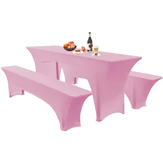 Elastische Hussen Für Bierzeltgarnitur Biertischhussen Bierbank-Auflage & Tischdecke 50 cm Oder 70 cm Tischbreite, 3 TLG Set Stretch Hussen Für Festzeltgarnituren Bierbank (70cm,Pink)