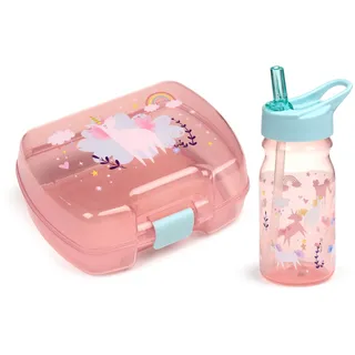 Puckator Set Brotdose für Mädchen (Lunchbox für Lebensmittel & Trinkflasche mit Strohhalm) – Einhorn-Zauber und Regenbogen, BPA-frei