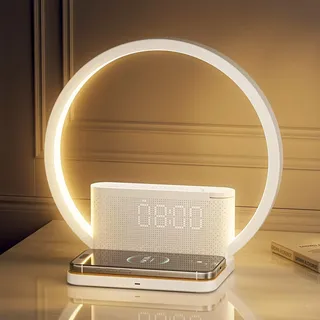 RETEYUNG Nachttischlampe mit 10W Kabelloser Ladefunktion,2 Wecker Tischlampe,Tageslichtwecker mit 10 Beruhigender Klang, Nachttischlampen Touch Dimmbar 3 Helligkeitsstufen (Art Deco)