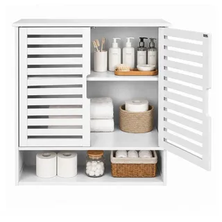 JEOBEST Hängeschrank Badschrank, Bambus Badezimmerschrank, Wandregal (1-St) Platzsparend, Wandschrank mit Doppeltüren weiß