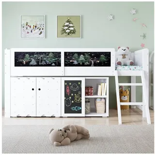Flieks Hochbett Kinderbett 90x200cm mit doppeltürigen Schränken, Tafel und Leiter weiß