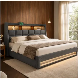 Flieks Polsterbett, Baumwolle-Leinen Bezug Stauraumbett mit USB-Anschluss + LED 180x200cm grau 185 cm x 210 cm x 117 cm