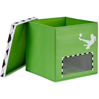 LOVE IT STORE IT Aufbewahrungsbox mit Deckel - Spielzeugkiste für Regal aus Stoff - Verstärkt mit Holz - Grün mit Tornetz als Sichtfenster - 30x30x30 cm