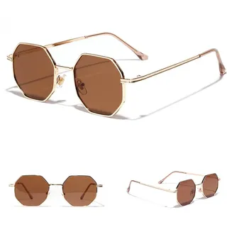 MUTYNE Frauen Vintage Sonnenbrille Männer Metall Gold Grün Braun Männliche Achteckige Sonnenbrille Für Damen Polygon Uv400,Gold mit Braun,Einheitsgröße - Einheitsgröße