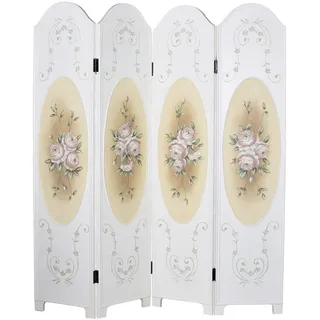 Paravent „Wilde Rose“ – Shabby Chic Raumteiler im Vintage Stil mit handbemalten Rosenranken, 4 klappbare Segmente ca. 180×167 cm, Flexibler Sichtschutz & Dekoration FRF01