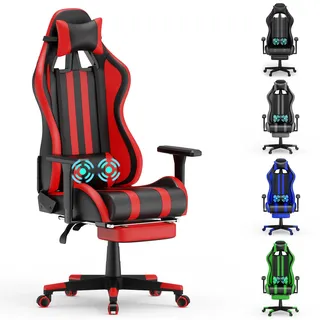 LZQ Gaming Stuhl Ergonomisch mit Massagefunktion, Bürostuhl mit Fußstütze, Massage-Lendenkissen, Kopfkissen und Armlehnen, 360° Drehbar Gamingstuhl 150 kg belastbarkeit, Rot