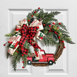 40cm Türkranz Weihnachten, Roter LKW Weihnachtskranz Künstlicher Weihnachtsschmuck Bauernhaus Wandkranz für Karmin Fenster Weihnachten