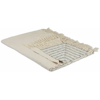 Loberon Plaid Marpent, hochwertige Webstreifen, schönes Strukturgewebe, Fransenabschluss, maritimes Flair, Überwurf, Tagesdecke, Baumwolle, Creme/blau