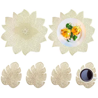 Spldsun Set of 6 Tischset Rund und Untersetzer, Ausgehöhlte Runde Tischsets, Leaf Untersetzer, Platzset Rund PVC, für rutschfeste, Kratzfeste, Dekorative Tische (Gold)