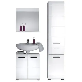 trendteam Badmöbel-Set, Badezimmermöbel-Set Spiegel Hochschrank Waschbeckenunterschrank Weiß weiß
