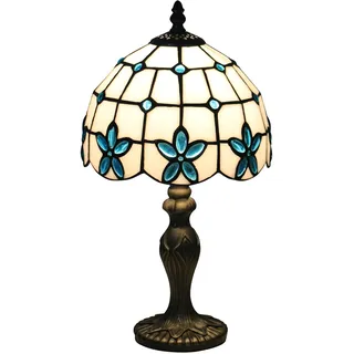 FUMAT Tiffany Tischlampe, Retro Lampe, Kleine Vintage Nachttischlampe, Deko Tischleuchte, Blau Blumen Muster, Handcraft Bunte Glas Lampenschirm, Mit E27 LED Glühbirne, für Schlafzimmer Wohnzimmer Büro