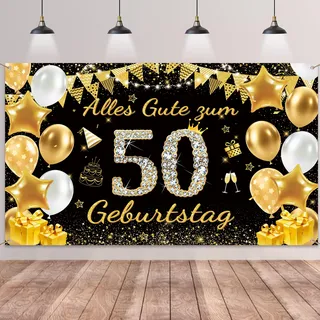 50. Geburtstag Deko Banner Frauen Männer - Schwarz Gold Alles Gute zum 50 Geburtstag Hintergrund Banner, Große Geburtstagsbanner für 50 Jahre Geburtstagsdeko 180 x 110cm