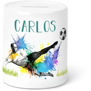 GRAVURZEILE Spardose für Kinder - im Fußballer Design - Personalisiert mit Name - Geschenk mit Fußball Spieler für Jungen & Mädchen zum Geburtstag Kommunion Geburt Einschulung Weihnachten