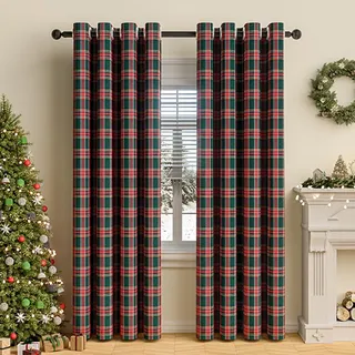 Tokusyou Kariert Vorhang Blickdicht Gardinen Karo Muster Landhausstil Vintage Rot Grün Verdunklungsvorhänge mit Ösen Weihnachten Dekoschal für Schlafzimmer Wohnzimmer, 1er Set H213 X B132cm