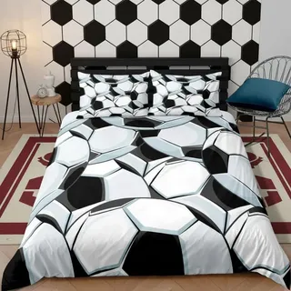 feelingyou 3D Fußball Bettwäsche-Set Schwarz und Weiß, 135x200cm, 155x220cm, 200x200cm, 2x80x80cm, Mikrofaser, Atmungsaktiv, Reißverschluss, Unisex, 3 Stück