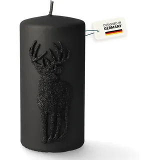 Stumpenkerze Rensdyr mit Hirsch | schwarz | Brenndauer: ca. 84 h | ohne Duft | Adventskerze | Deko Kerze für Weihnachten, Adventskranz