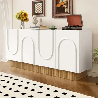 Merax Modernes Sideboard mit 4 Türen in Holzoptik, mattes Design mit U-Relief, Kommode mit großer Stauraum für Wohnzimmer und Esszimmer, Weiß - Weiß
