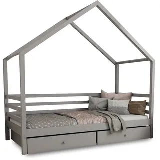 Deine Möbel 24 Hausbett Kinderbett Einzelbett COMET mit Schubladen Weiß Grau Kiefer (aus Vollholz Kiefernholz Stabil Schubkästen Matratze optional), 80x160 80x180 90x190 90x200 120x200 140x200 grau