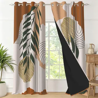 Uiiooazy Gardinen Terracotta Blickdicht Abstrakt Grüne Blätter 140x200cm | Vorhänge Boho Style Geometrisches Muster Thermogardinen mit Ösen für Wohnzimmer Schlafzimmer Kinderzimmer Fenster 2er Set