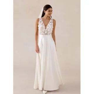 bonprix Brautkleid aus glänzendem Satin mit Blumen-Applikation, weiß, Gr.54, Modern und feminin: Langes Brautkleid aus glänzendem Satin mit hohem Schlitz und Blumen-Applikation im Oberteil