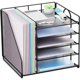 Restorgan Schreibtisch Organizer mit Aktenhalter, 5-stöckiges Papier Briefkasten Organizer, Desktop Organizer und Aufbewahrung, Mesh Schreibtisch Organizer und Zubehör für Bürobedarf zu Hause,Schwarz