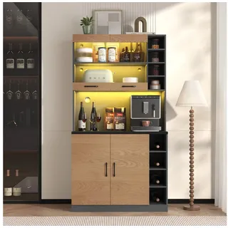 Ulife Küchenbuffet Küchenschrank, Buffet mit LED-Ambiente-Beleuchtung und Kabellöchern Küchen-Highboard aus Holz, viel Platz für Mikrowelle grau