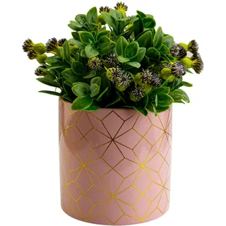 botle Keramik Rund Blumenübertopf Blumentopf Glasiert Rosa & Gold Verzierungen Maße 13x14cm Pflanzkübel Zylinder