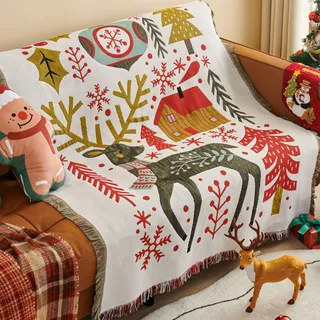 LumiSyne Weihnachts Dekorative Decke Baumwolle Gewebt Überwurf Mit Quaste Weihnachten Thema Jacquard Wandteppich Kuscheldecke Überwürfe Decke Für Bett Couch Sessel Camping Tischdecke Teppich 160x130cm