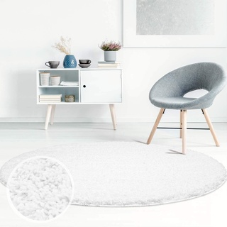 Hochflor Teppich Shaggy Einfarbig Weiß - 160x160 cm Rund - Flauschig & Weich - Wohnzimmerteppiche - Langflorteppich Schlafzimmer Uni Modern