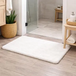 Goolela Teppich Schlafzimmer Badvorleger Weiß 60x90 cm, Flauschiger Hochflor Teppich in Kunstfell-Optik, Badezimmerteppich Weich rutschfest