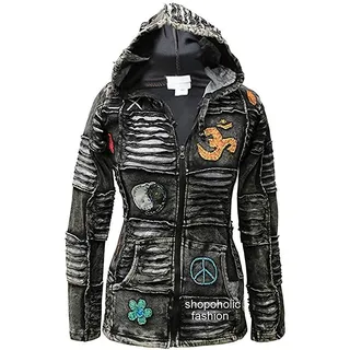 SHOPOHOLIC FASHION Damen Stonewashed Slashed Patchwork Pixie Kapuzenjacke Hippie Festival - XL
