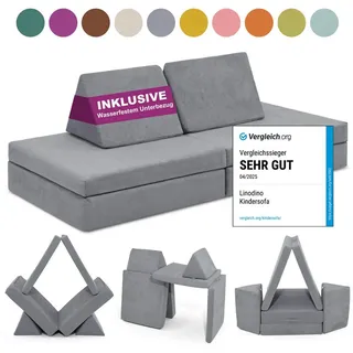Linodino Kindersofa Spielsofa I aus Schaumstoff Bausteine I Spielcouch für Kinder, Wasserfeste Unterbezüge, Waschbare Chenille Bezüge 30° grau
