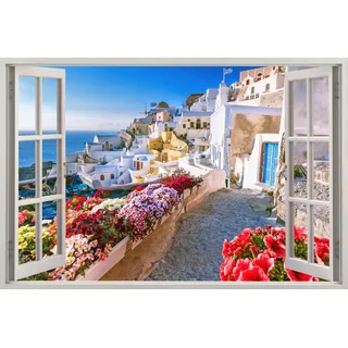 HUBDECO - Wandtattoo - Wanddeko - Selbstklebende Folie - Fototapete - Wandsticker - Fototapete 3d Effekt - Selbstklebende Tapete - Fenster & Stadt Motiv - Griechenland, Santorini, Meer - 150x100cm