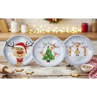 KAMACA 3er Set Weihnachtsteller Keksteller aus Metall Ø 26 cm Nikolausteller für Kekse, Plätzchen, Stollen & Süßes stilvoll wiederverwendbar Advent Festtage (3er Set Gebäckteller Rentier Ole)
