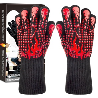 Karrong Grillhandschuhe Hitzebeständig bis 800°C, Feuerfeste Ofenhandschuhe Topfhandschuhe Handschuhe BBQ Handschuhe Kochhandschuhe Backhandschuhe Backofenhandschuhe (Rot, L/XL)